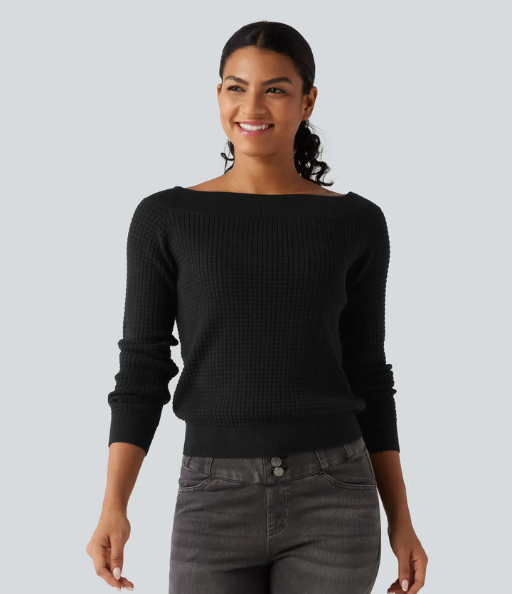 Off Shoulder Long Sleeve Casual Wool-Blend Jumper