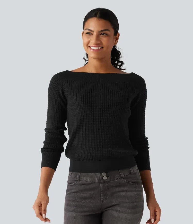 Off Shoulder Long Sleeve Casual Wool-Blend Jumper
