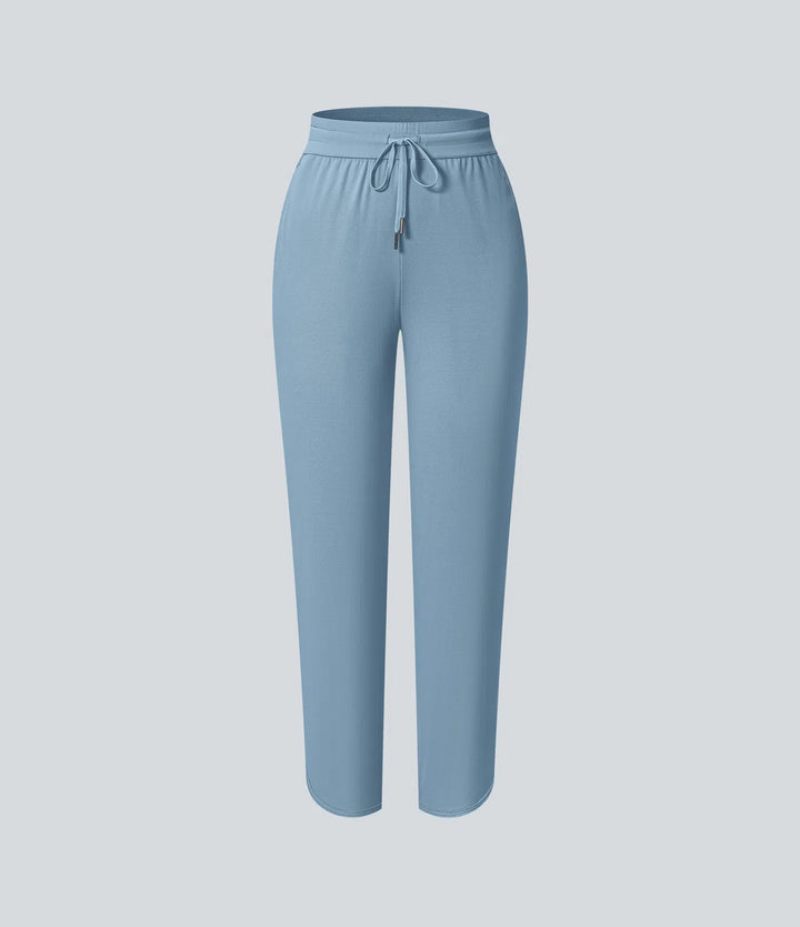 Mid Rise Drawstring Curved Hem Quick Dry Golf Tapered Trousers with Pockets-UPF40+