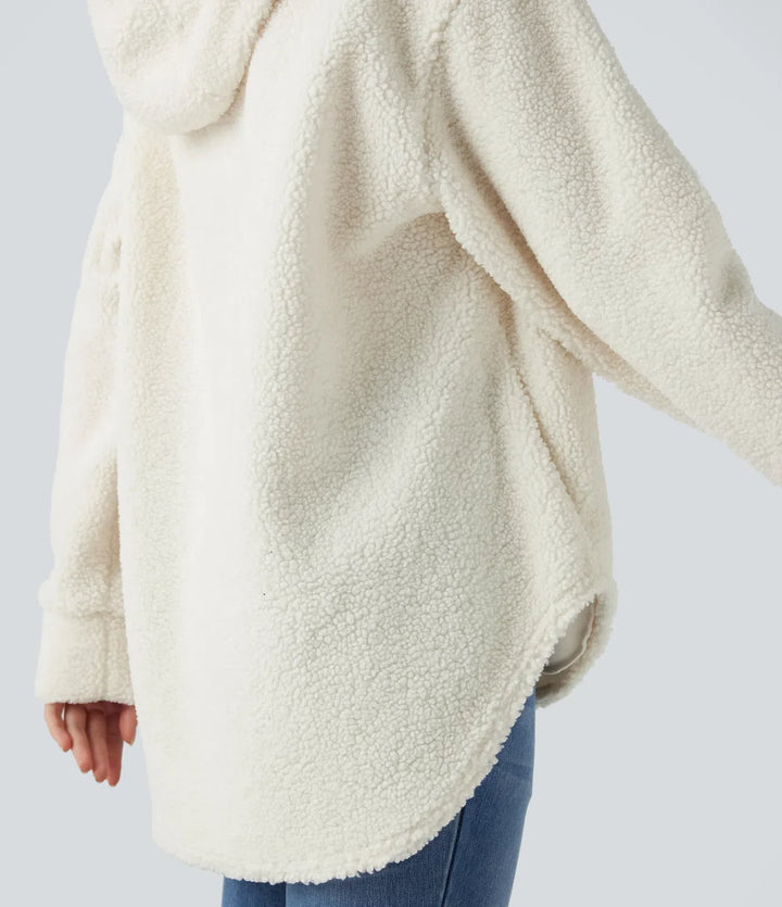 Hooded Half Zipper Curved Hem Oversized Casual Sherpa Sweatshirt with Pockets