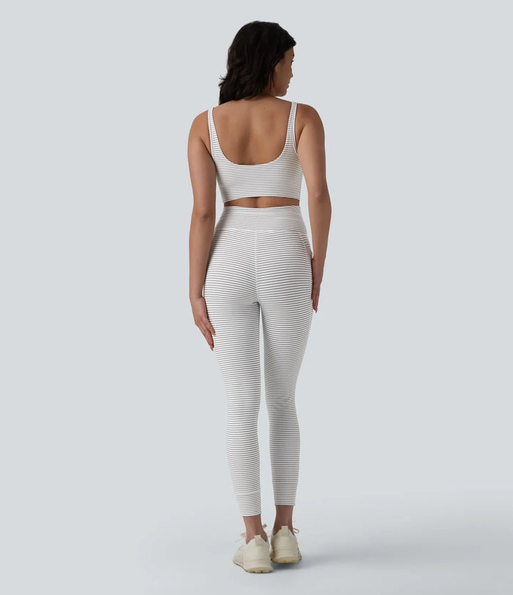 U Neck Cut Out Drawstring Tummy Control Stripe Yoga Jumpsuit with Pockets-Easy Peezy Edition