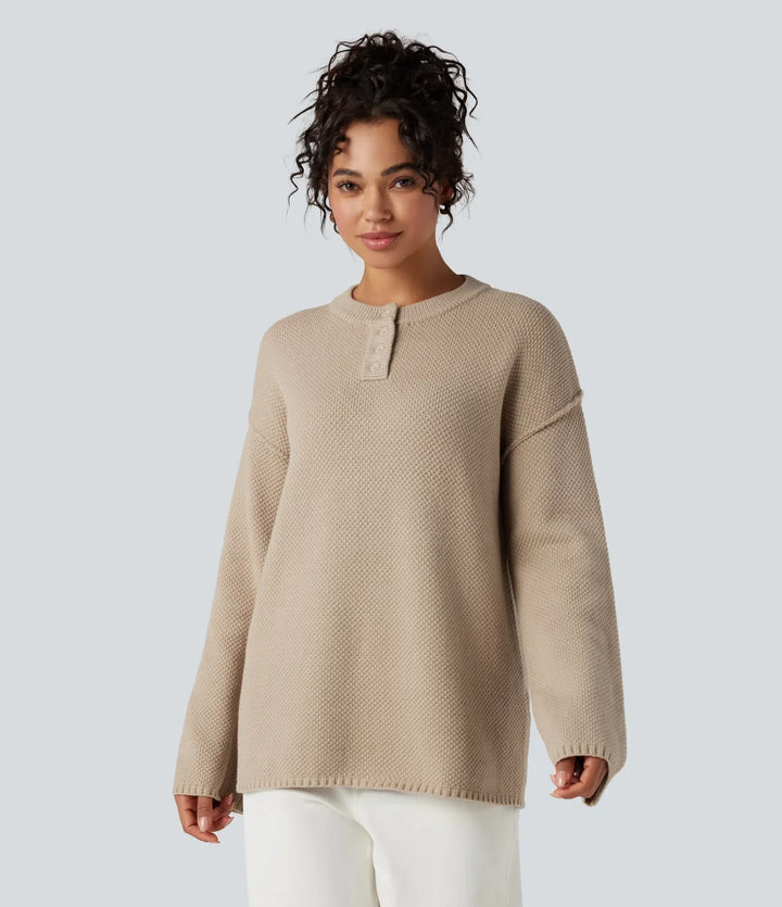 Henley Neck Long Sleeve Waffle Casual Jumper