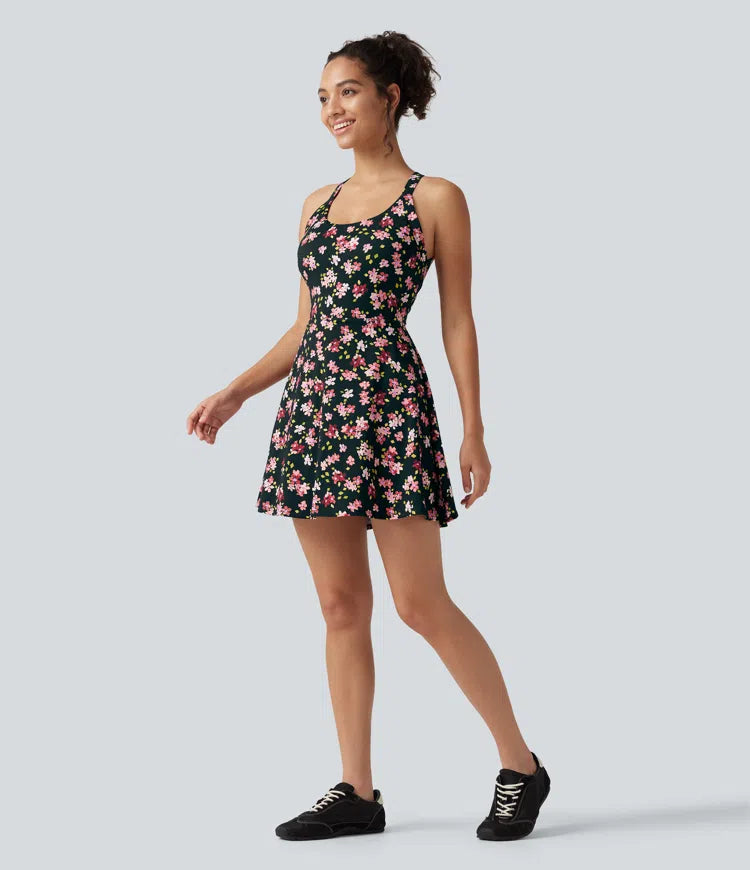 Built-in Bra 2-in-1 Ditsy Floral Mini Dance Active Dress with Pockets-Easy Peezy Edition