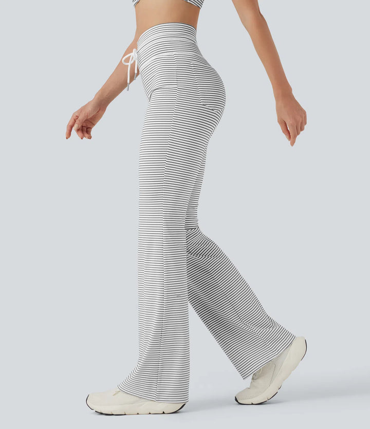 High Waisted Drawstring Stripe Flared Yoga Trousers with Pockets