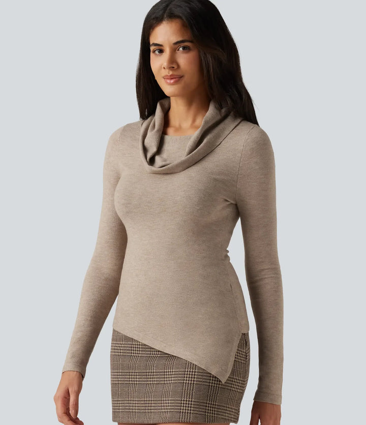 Cowl Neck Long Sleeve Uneven Hem Casual Jumper