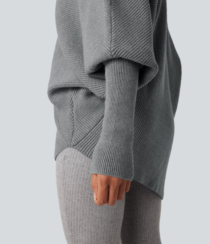 High Neck Batwing Long Sleeve Asymmetric Hem Work Jumper