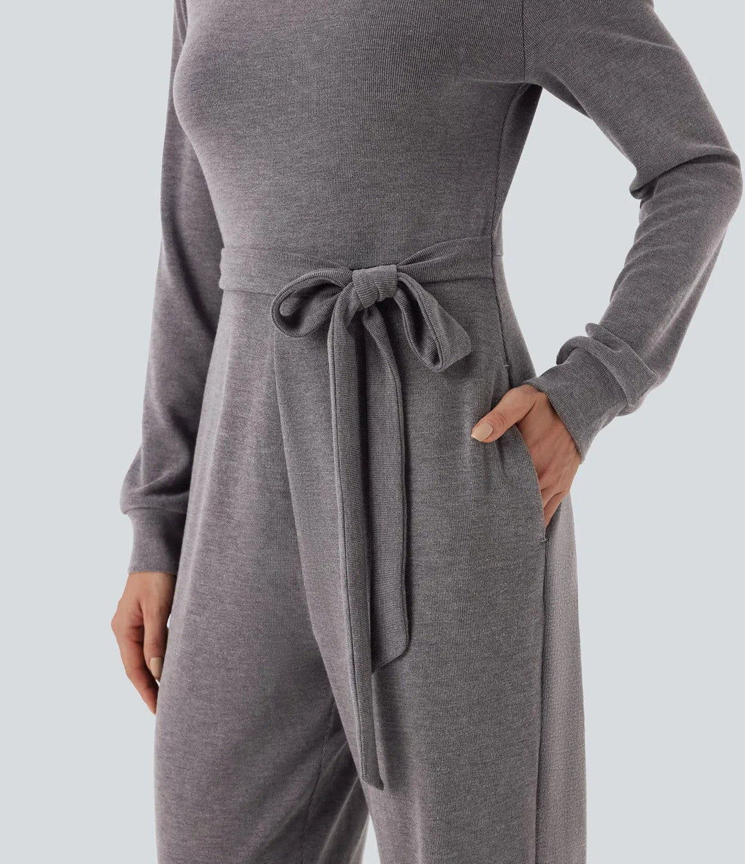 Off-Shoulder Long Sleeve Tie Casual Jumpsuit with Pockets