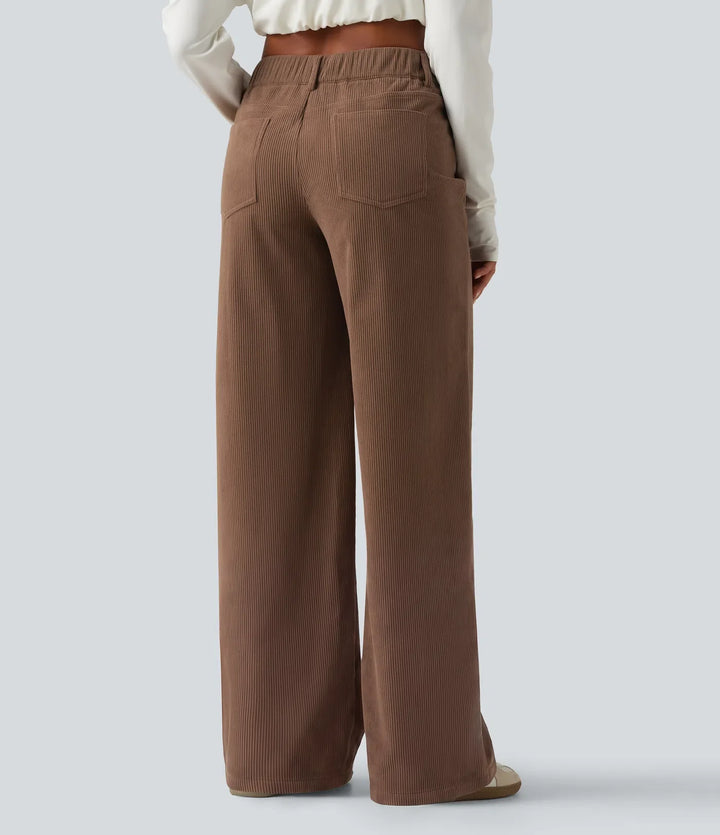 Mid Rise Asymmetric Wide Leg Corduroy Casual Trousers with Pockets