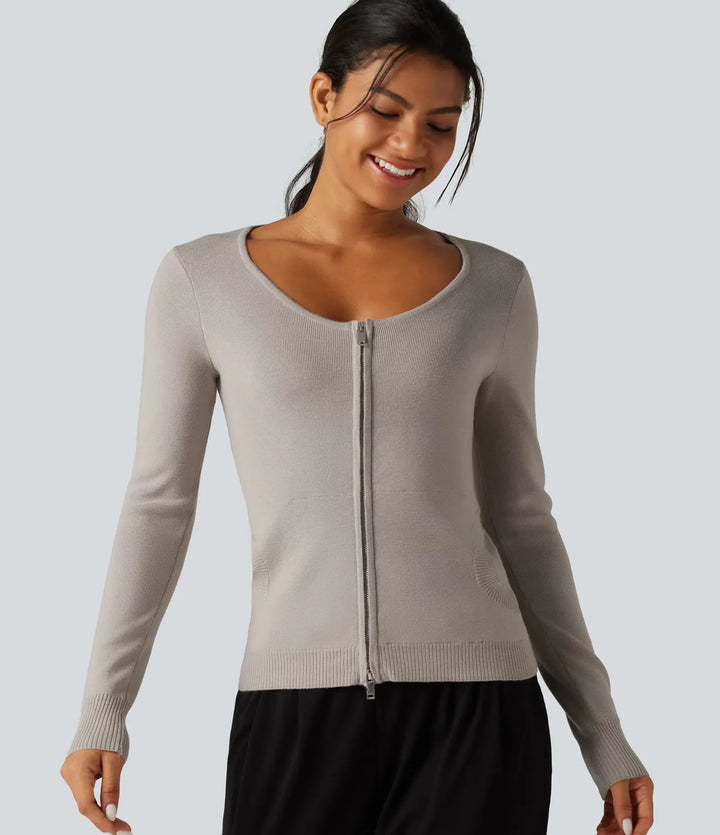 Round Neck Long Sleeve Slim Lounge Cardigan with Pockets
