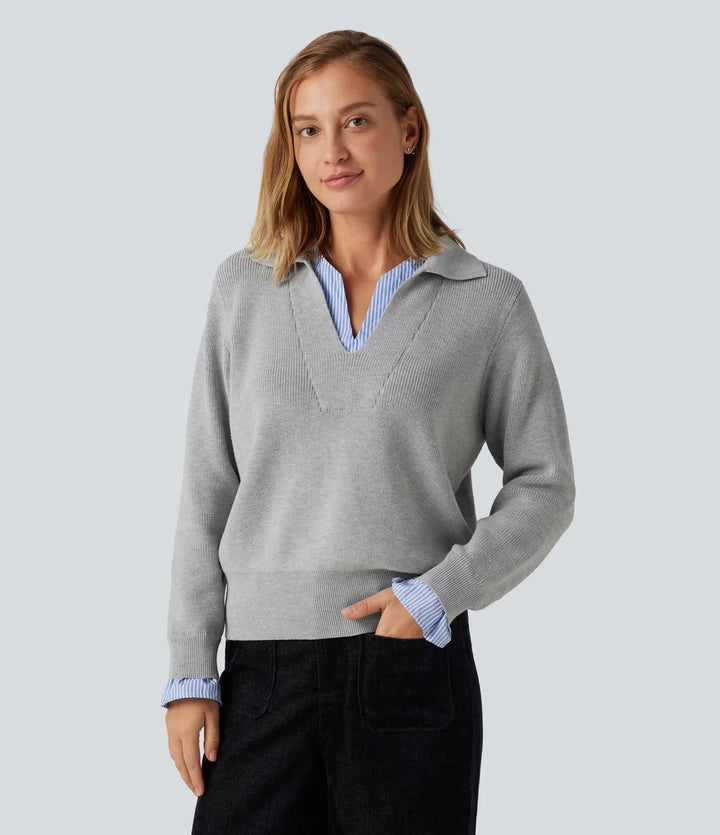 Collared V Neck Long Sleeve 2-in-1 Work Jumper