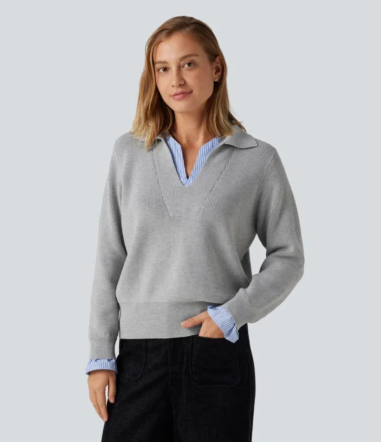 Collared V Neck Long Sleeve 2-in-1 Work Jumper