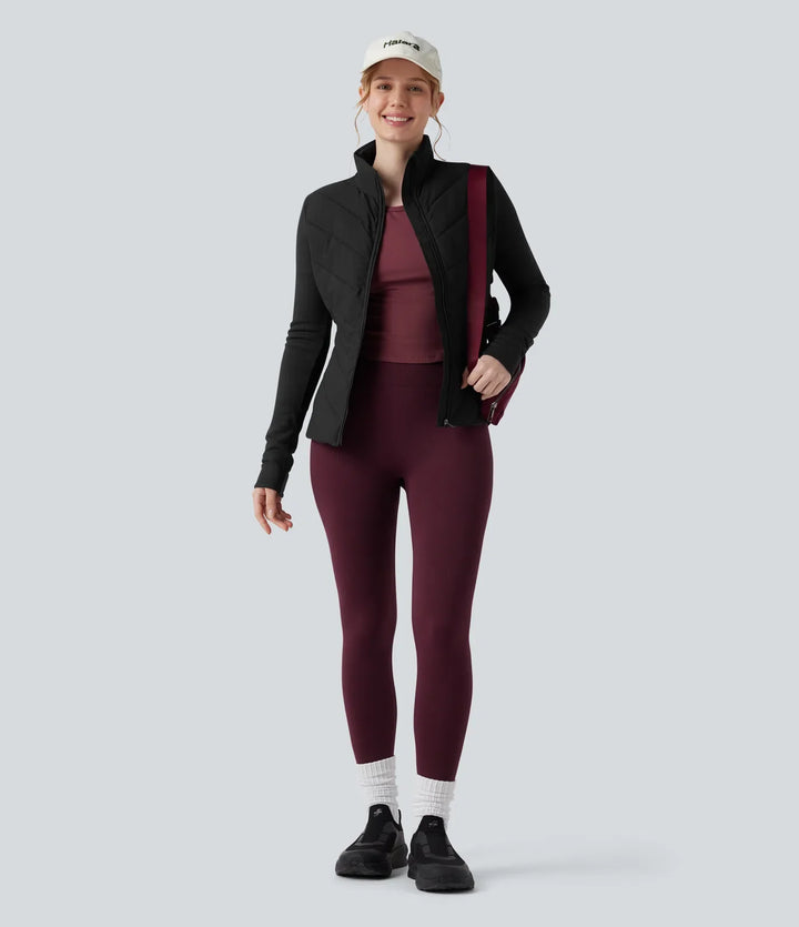 PuffFlex Stand Collar Zipper Long Sleeve Running Quilted Jacket with Pockets