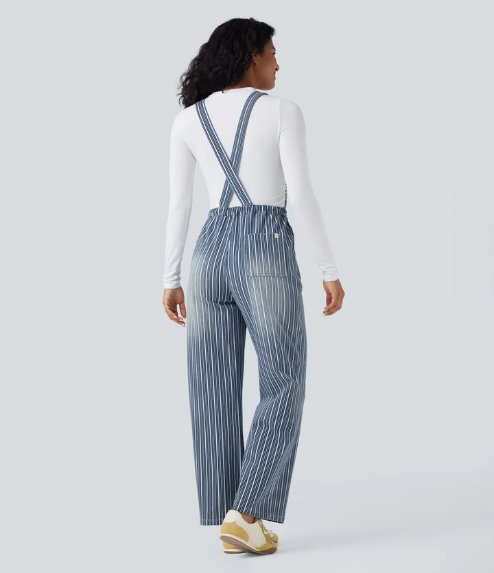 Halara Flex Drawstring Stripe Straight Leg Denim Casual Overalls with Pockets