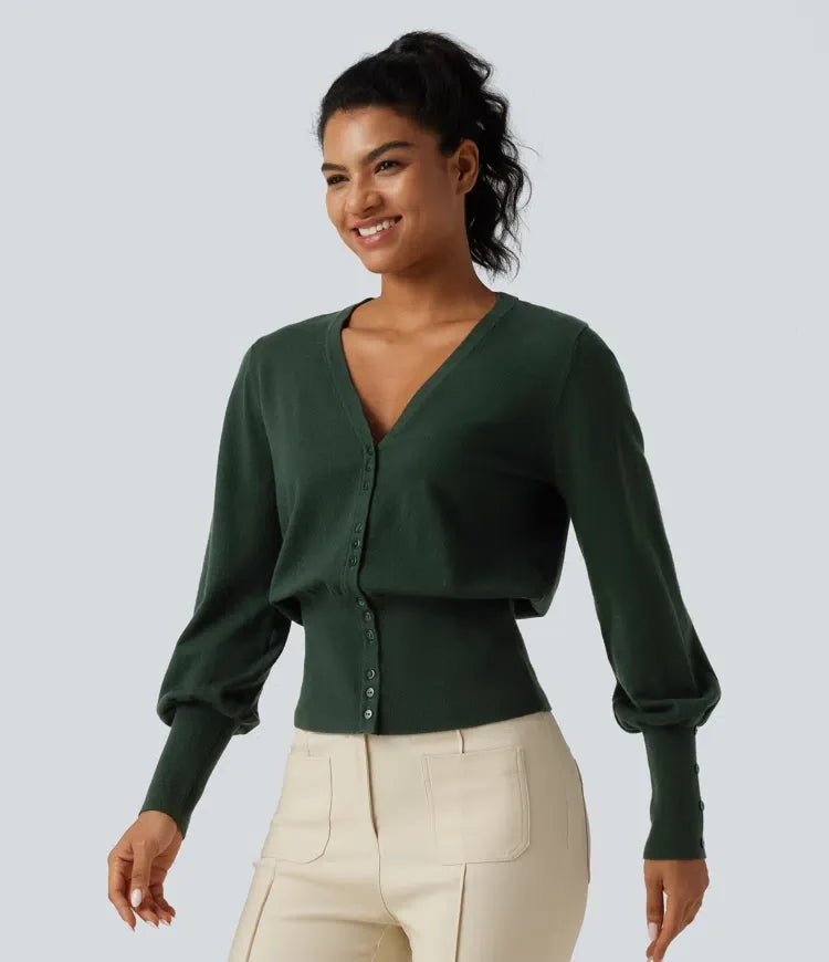 V Neck Bishop Long Sleeve Work Cardigan