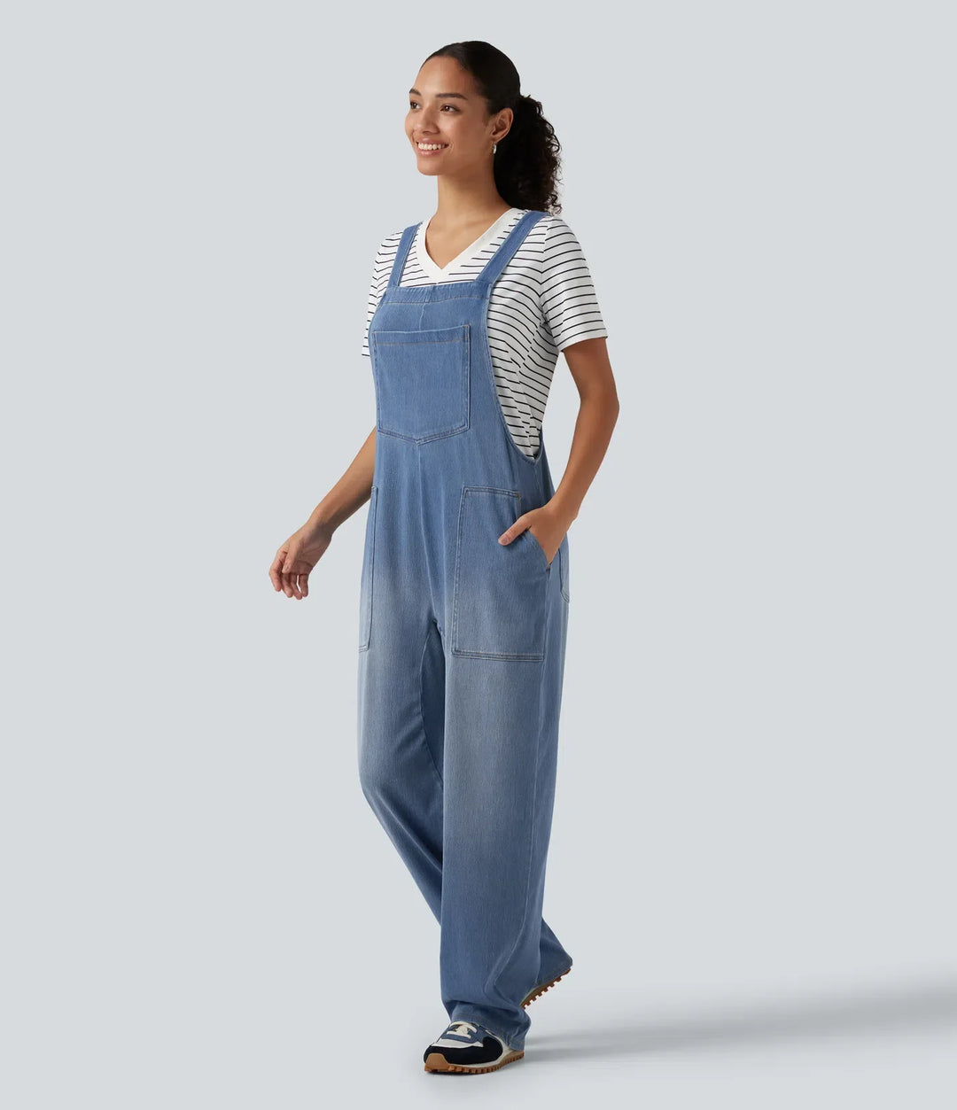 Halara Flex U Neck Sleeveless Barrel Leg Denim Casual Overalls with Pockets