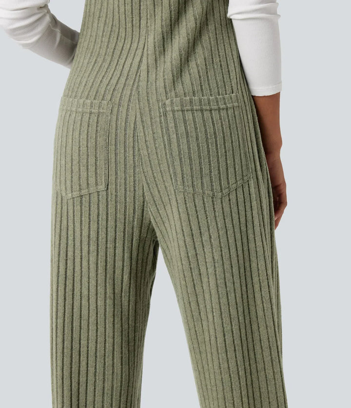 Ribbed Knit Adjustable Straps Casual Joggers Overalls with Pockets