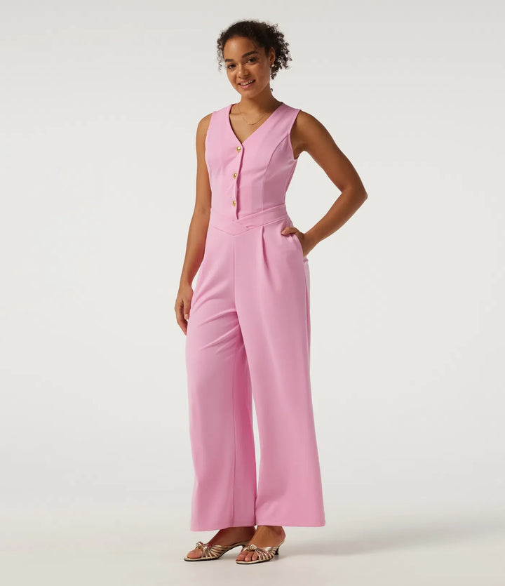 V Neck Sleeveless Wide Leg Work Jumpsuit with Pockets - Easy Peezy Edition