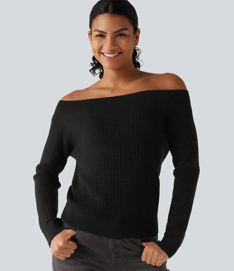 Off Shoulder Long Sleeve Casual Wool-Blend Jumper