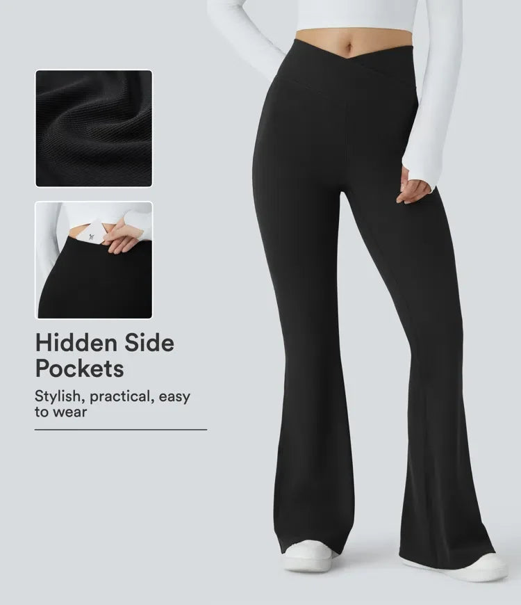 Crossover High Waisted Pocket Waffle Casual Flare Trousers