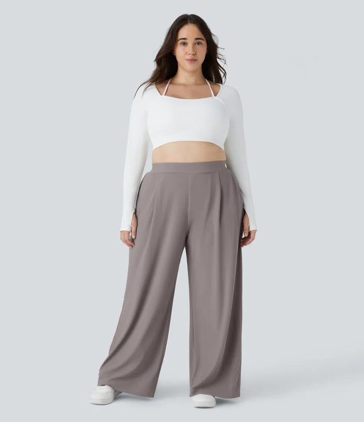 Halara Flex High Waisted Body Sculpt Waist-Slimming Pocket Wide Leg Micro Waffle Plus Size Work Trousers