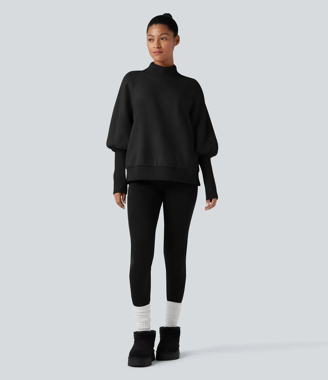 Mock Neck Bishop Long Sleeve Fleece Casual Sweatshirt