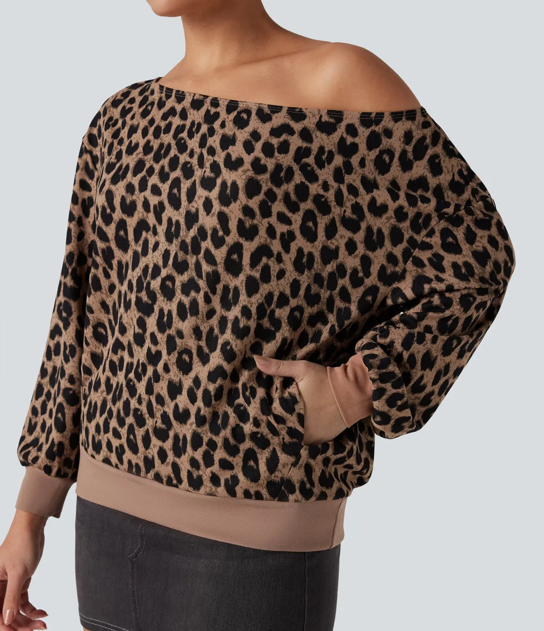 One-shoulder Long Sleeve Waffle Leopard Casual Sweatshirt with Pockets