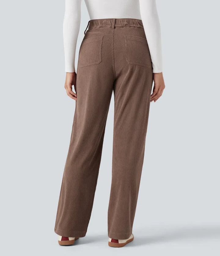 High Waisted Corduroy Casual Straight Leg Trousers with Pockets