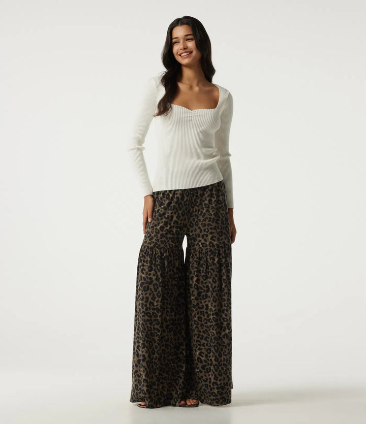 High Waisted Leopard Print Baggy Casual Trousers with Pockets