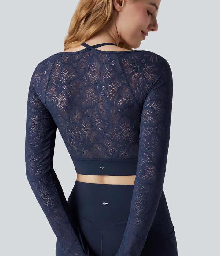 SoftlyZero Contrast Lace Halter Long Sleeve Thumb Holes Cropped Yoga Top