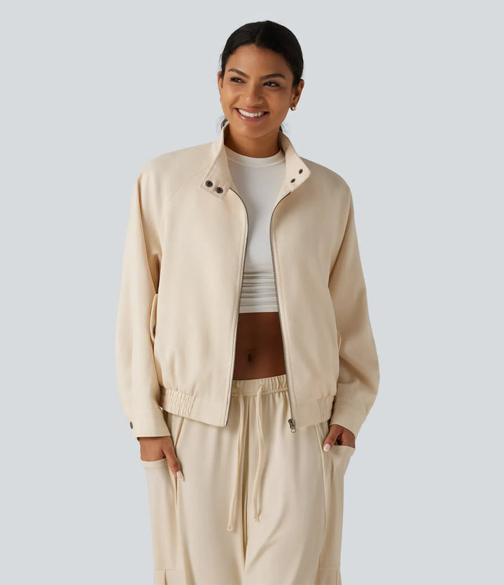 Mock Neck Long Sleeve Casual Jacket with Pockets