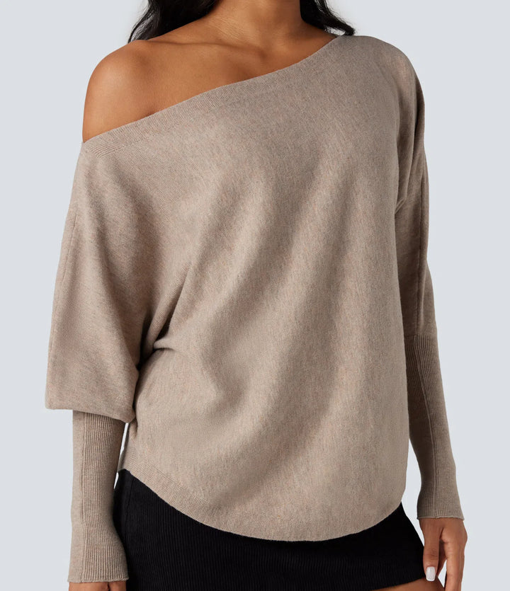 One-shoulder Batwing Sleeve Curved Hem Work Jumper