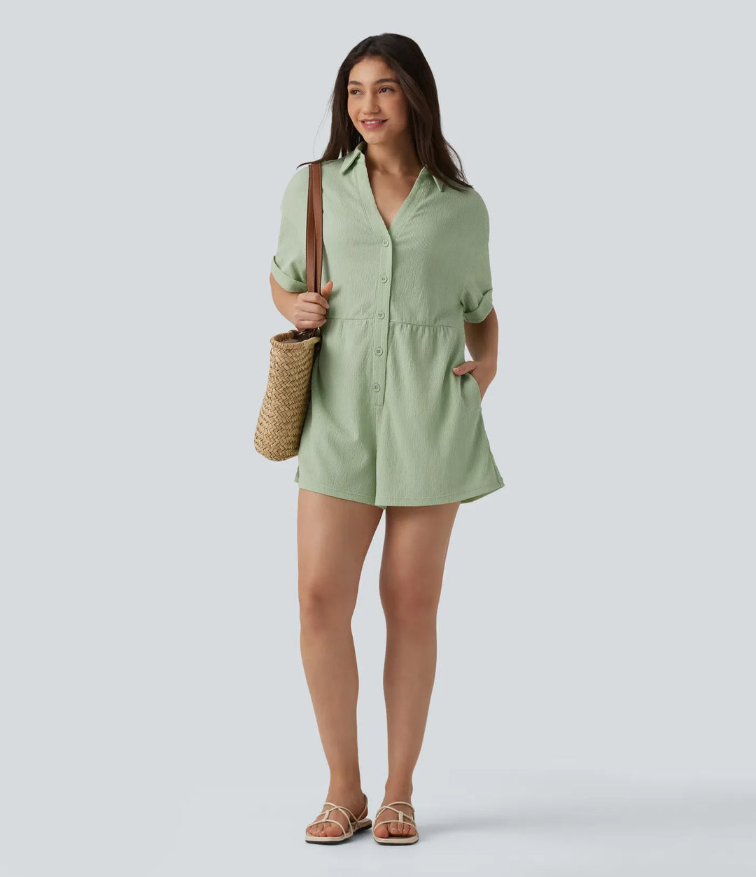 Dropped Shoulder Short Sleeve Romper with Pockets