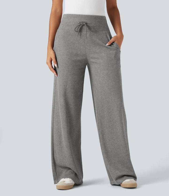 Ribbed Knit High Waisted Tummy Control Drawstring Casual Wide Leg Trousers with Pockets
