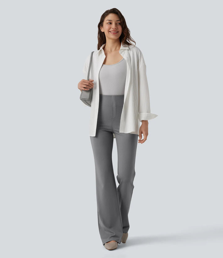 High Waisted Stripe Flare Work Trousers with Pockets