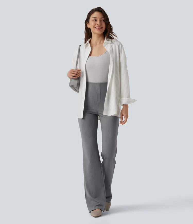 High Waisted Stripe Flare Work Trousers with Pockets