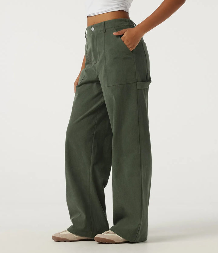 Mid Rise Wide Leg Corduroy Casual Trousers with Pockets