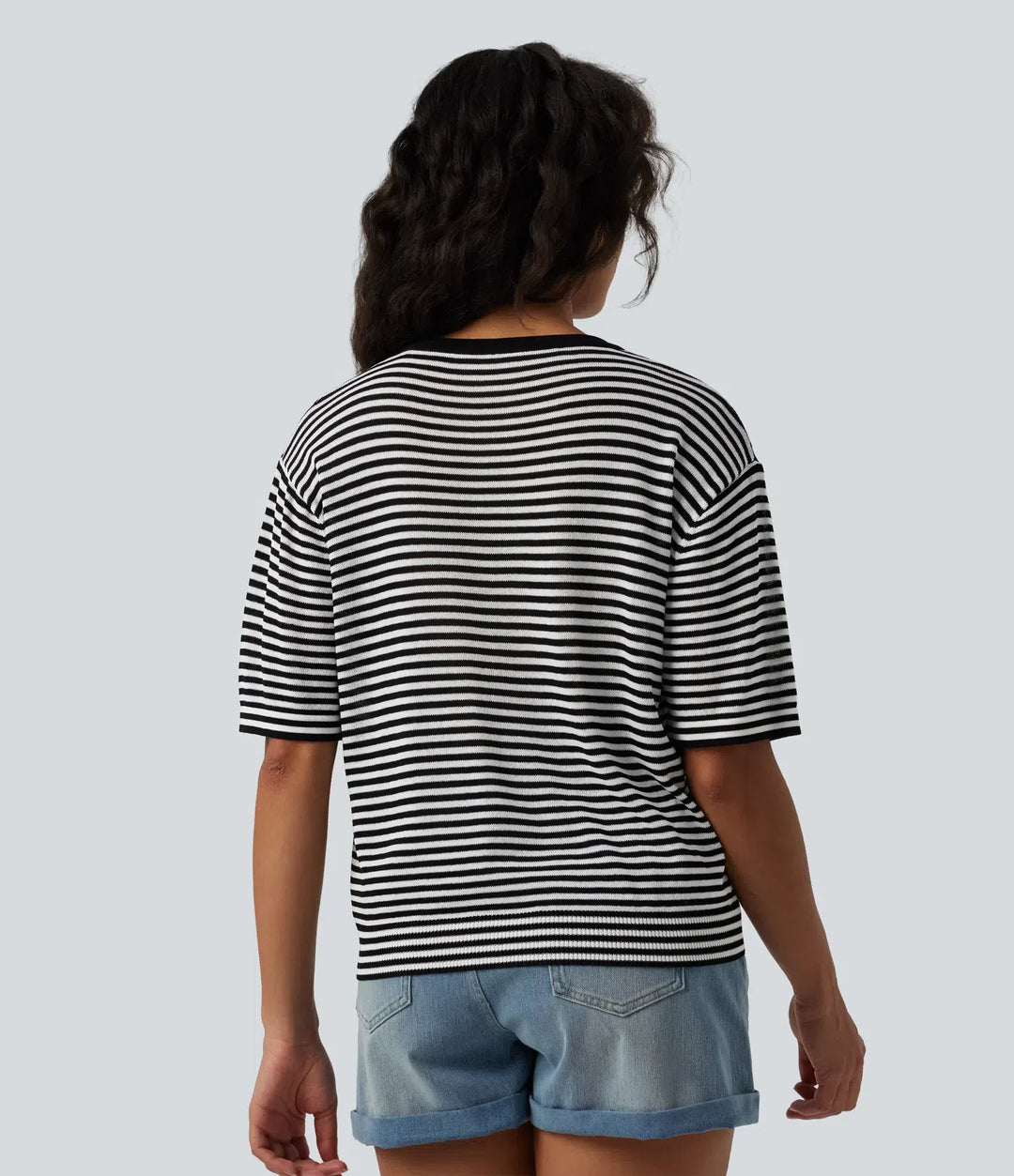 Round Neck Short Sleeve Stripe Casual Linen-Feel Jumper