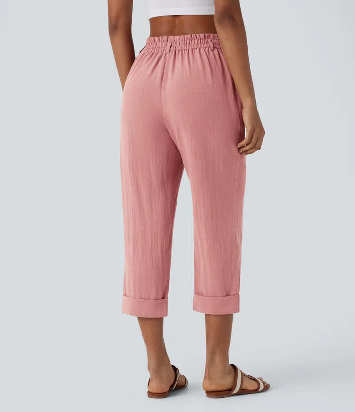 High Waisted Zipper Pocket Cropped Linen-Feel Trousers