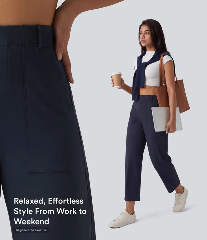 DayStretch High Waisted Barrel Leg Casual Trousers with Pockets