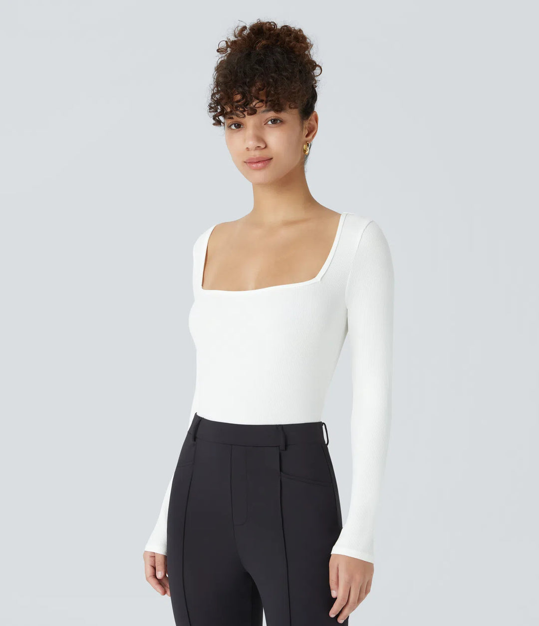 Ribbed Knit Square Neck Long Sleeve Skinny Casual Bodysuit