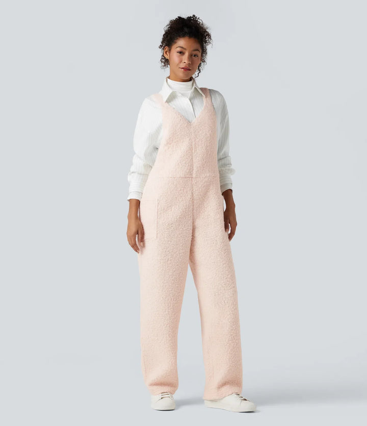 V Neck Casual Teddy Overalls with Pockets