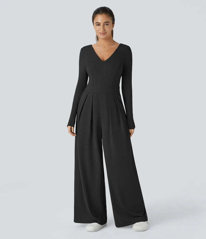 V Neck Long Sleeve Pocket Wide Leg Casual Jumpsuit