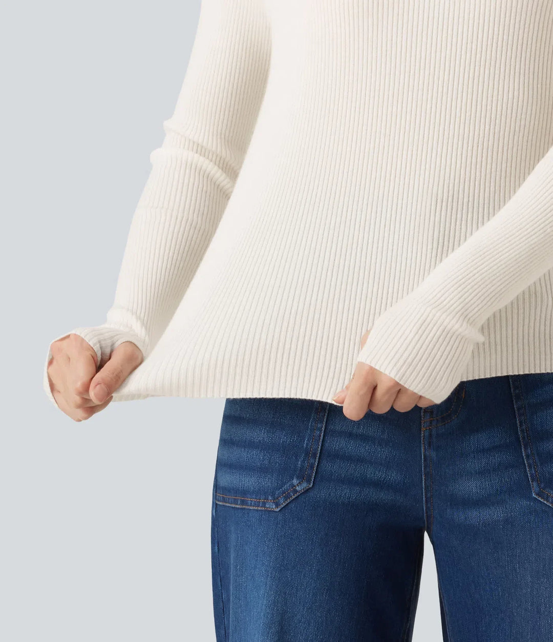 High Neck Long Sleeve Thumb Hole Work Wool-Blend Jumper