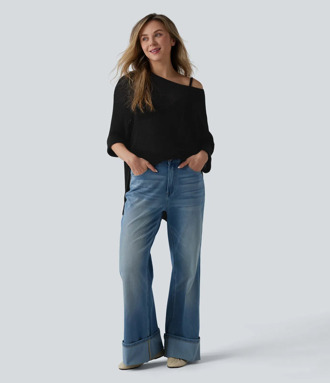 One-shoulder Half Sleeve Split Hem Oversize Casual Jumper with Pocket