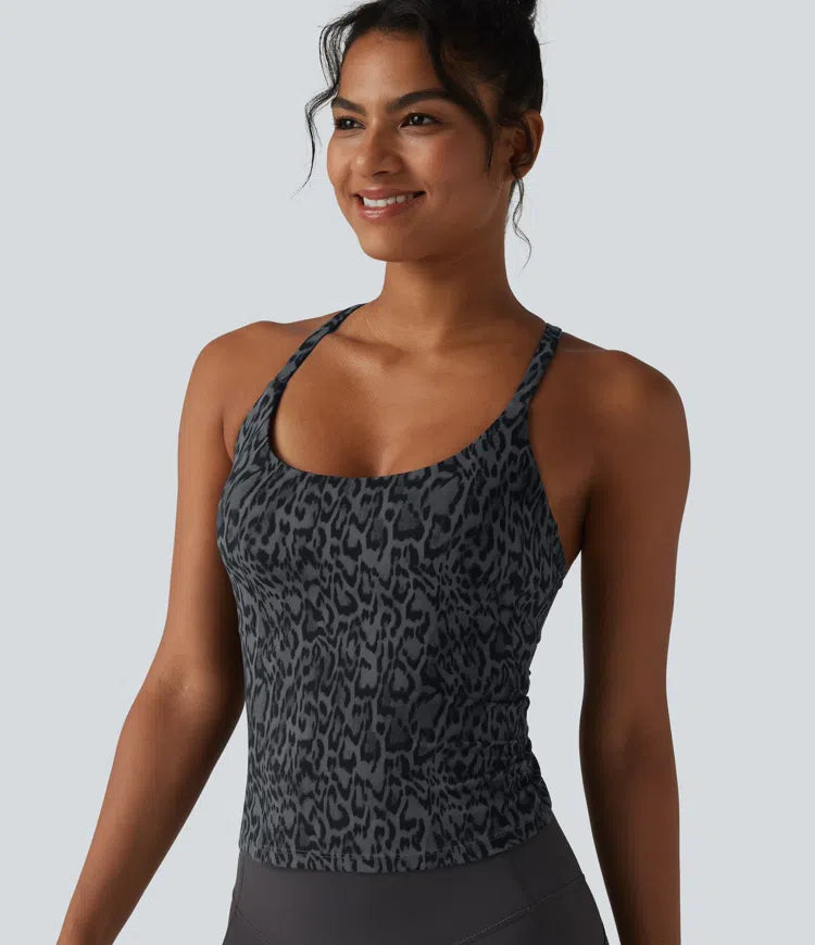 Halara UltraSculpt Leopard Print Scoop Neck Built-in Bra Crossover Hem Yoga Tank Top