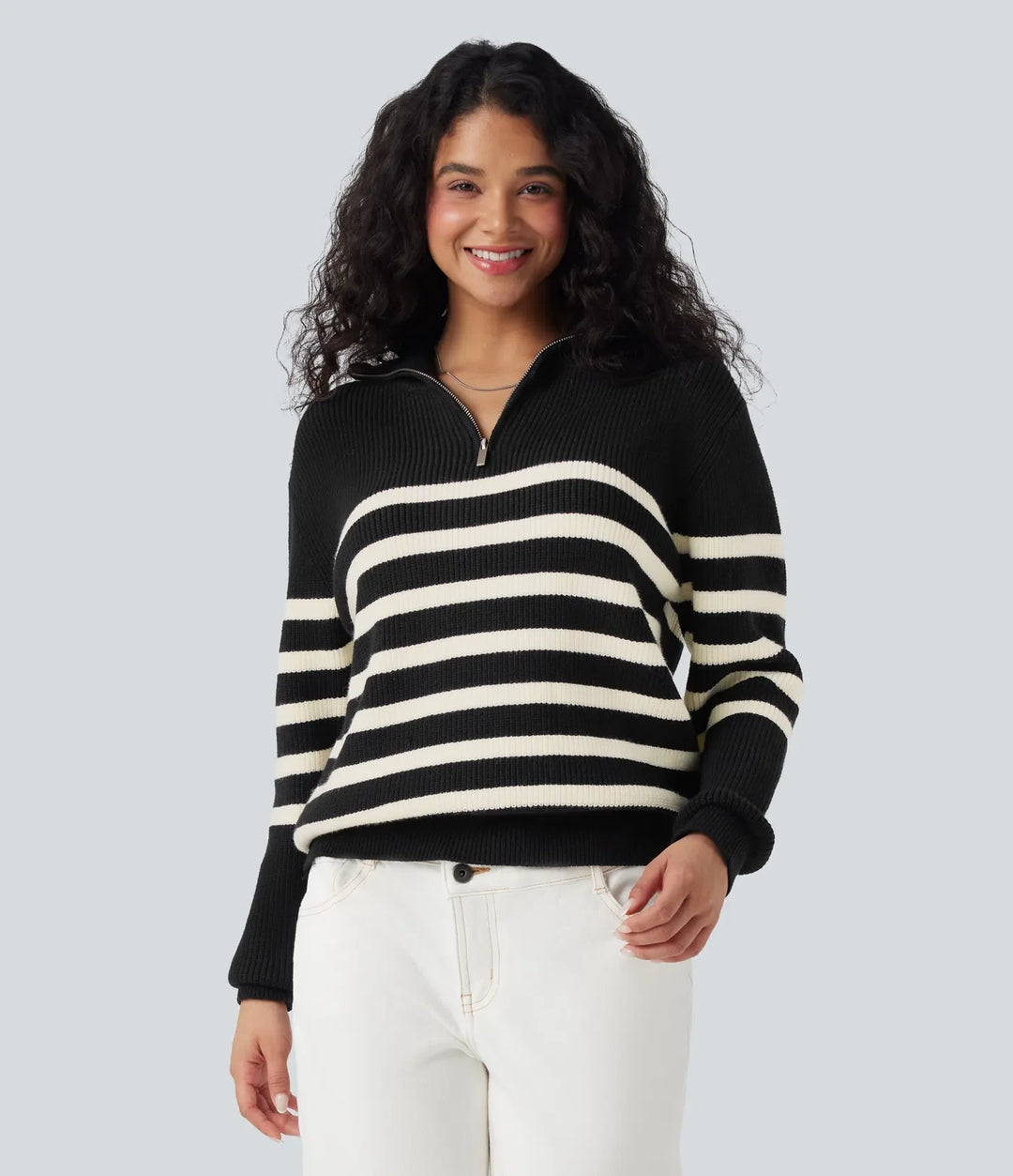 Half Zip Lapel Color Block Striped Casual Jumper