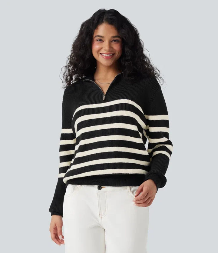 Half Zip Lapel Color Block Striped Casual Jumper