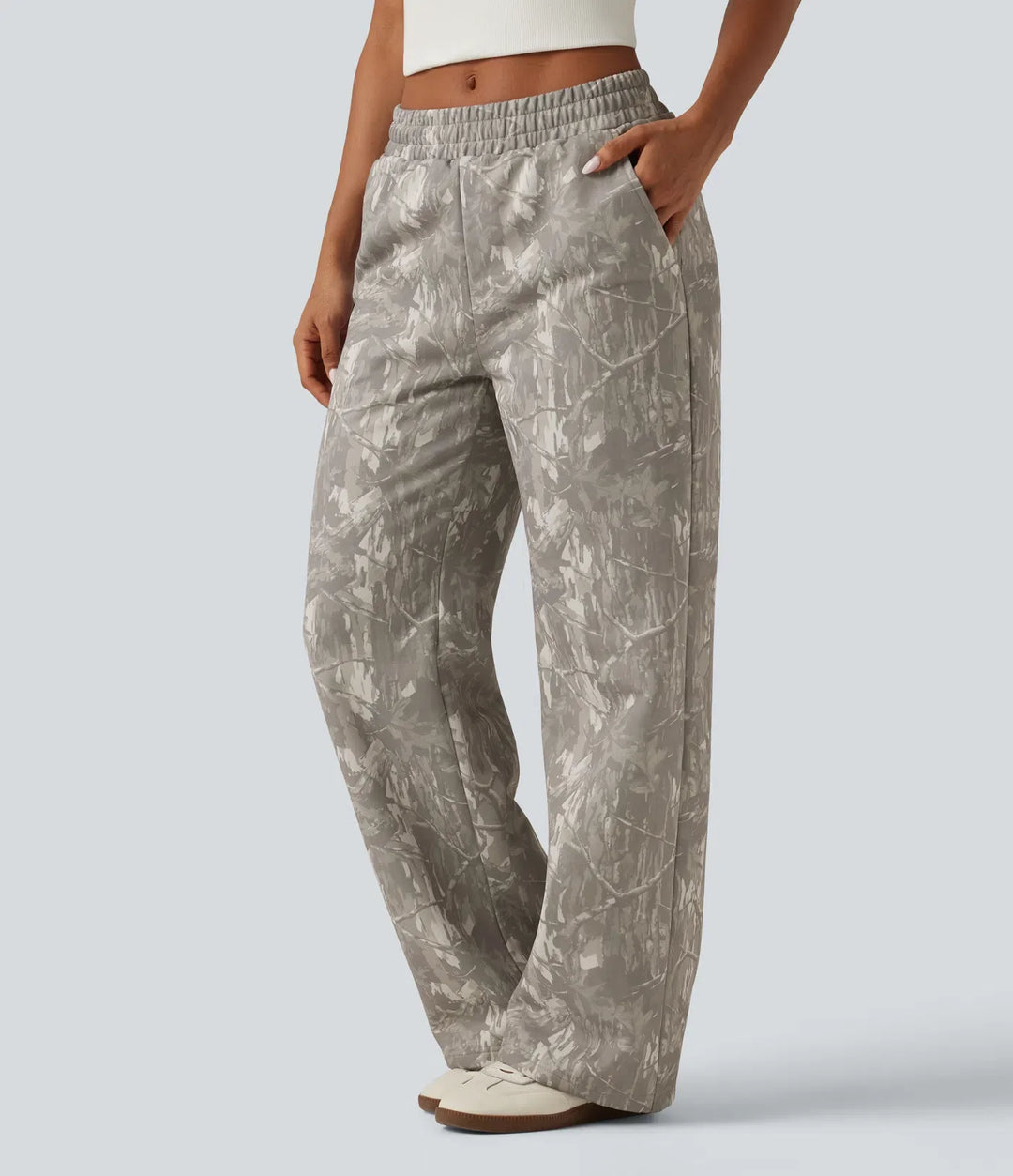 Mid Rise Straight Leg Patterned Inner Drawstring Fleece Casual SweatTrousers with Pockets