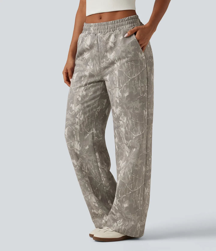 Mid Rise Straight Leg Patterned Inner Drawstring Fleece Casual SweatTrousers with Pockets