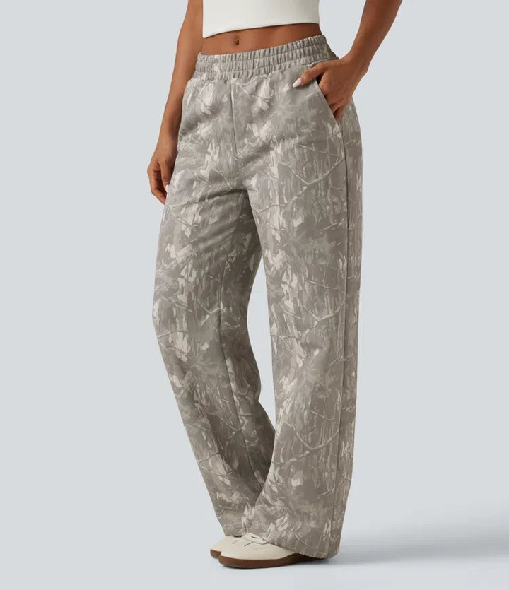 Mid Rise Straight Leg Patterned Inner Drawstring Fleece Casual SweatTrousers with Pockets